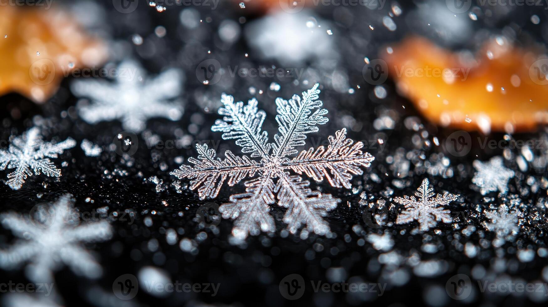 Close-up snowflake, winter scene, falling snow, dark background, nature photography photo