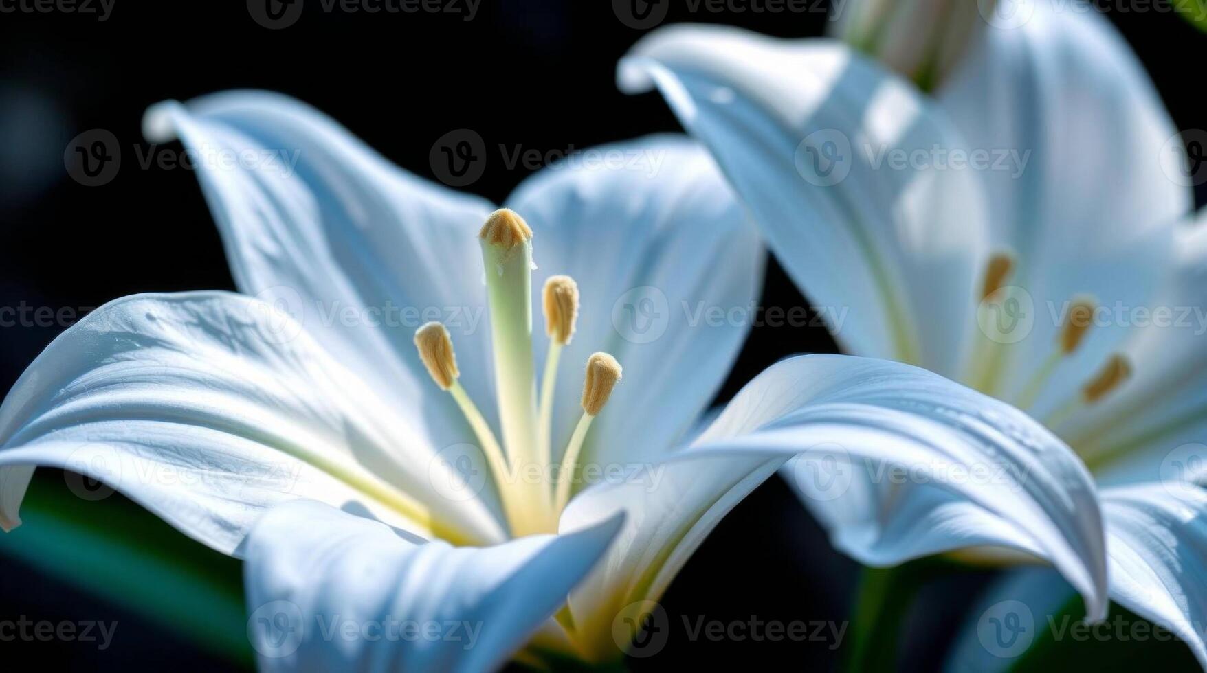 Close-up of elegant white lilies with detailed stamen and petals bloom photo