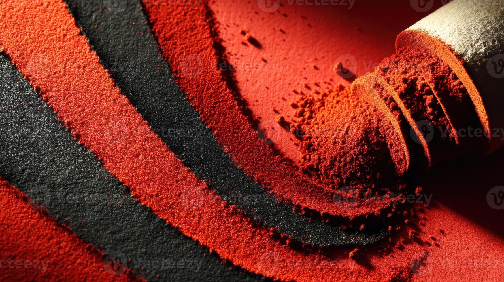 Red pigment powder spilling with black sand from container texture photo