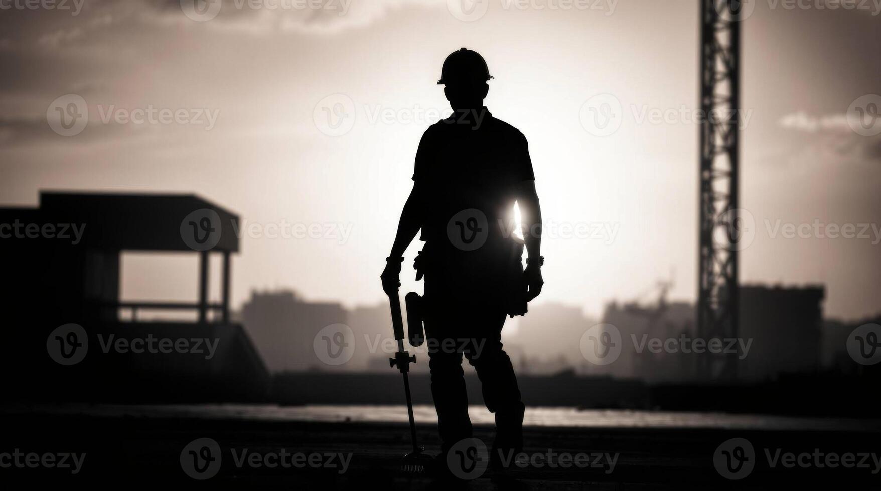 Silhouette of construction worker standing tall on a building site at sunset photo
