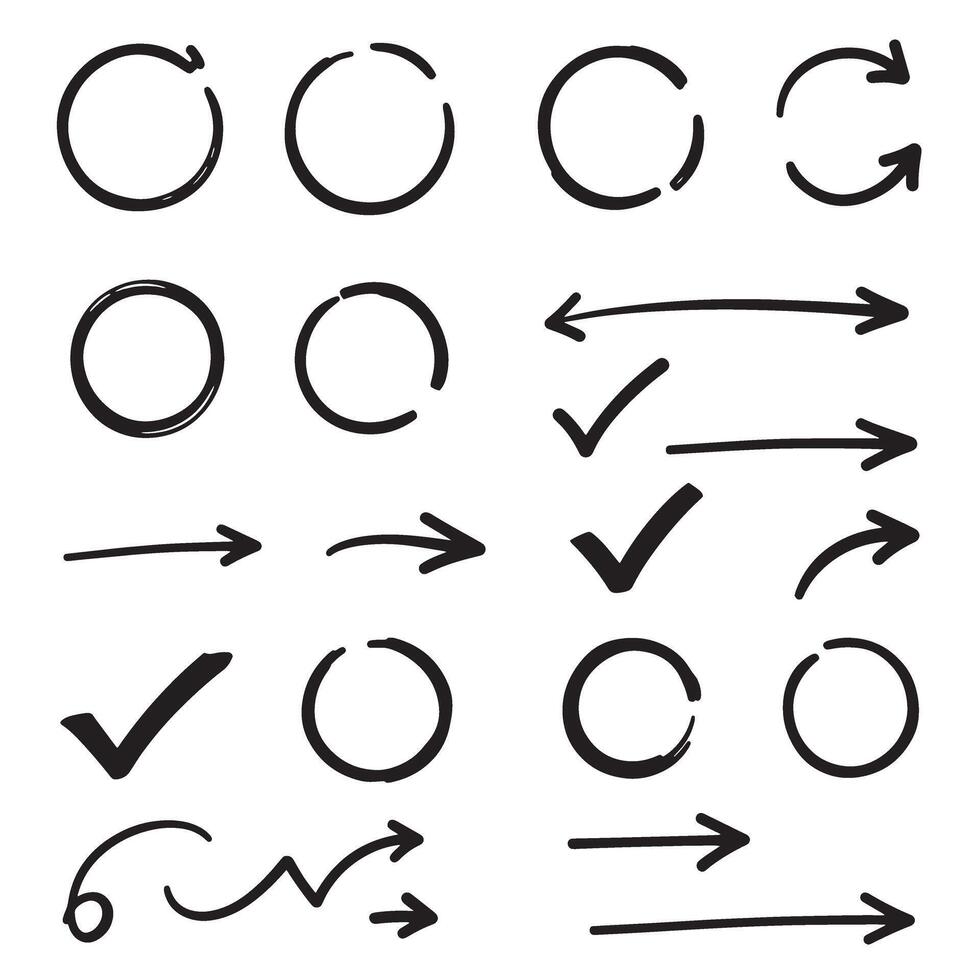 Editable hand drawn silhouettes of check marks arrows circle frames and lines in creative pack vector