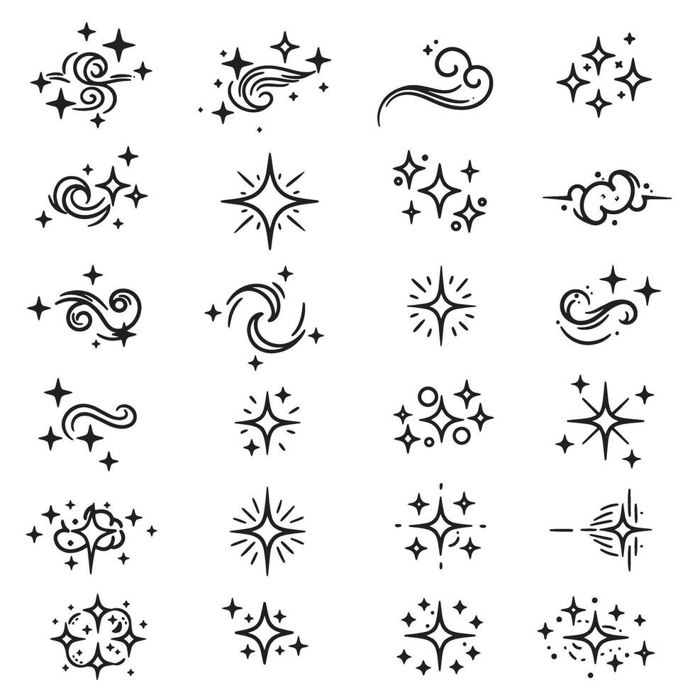Hand-drawn line sparkle set in comic style with silhouette decorative stroke bundle for manga and layout use vector