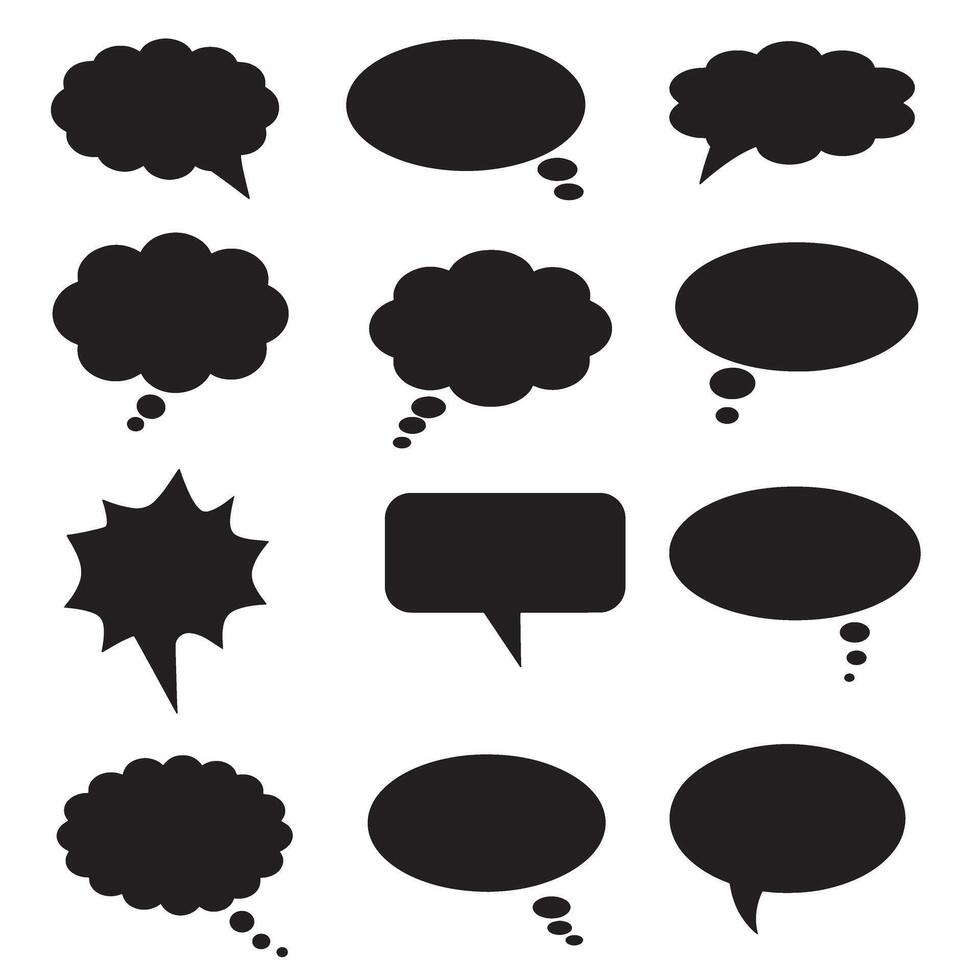 Silhouette bundle of speech bubble graphics with bold comic chat shapes and text box layouts vector
