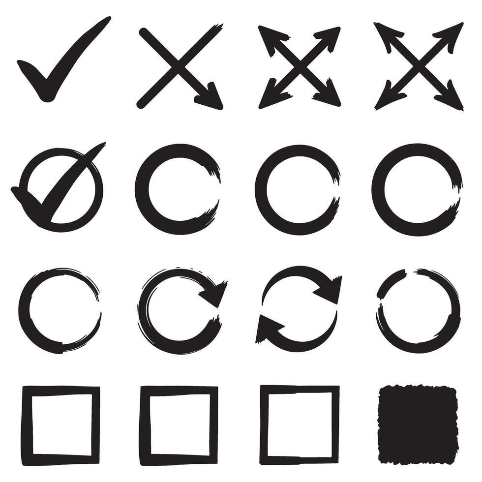 Check marks, crossed, arrows, underlines, circles, squares, brush stroke icon element silhouette bundle flat set vector