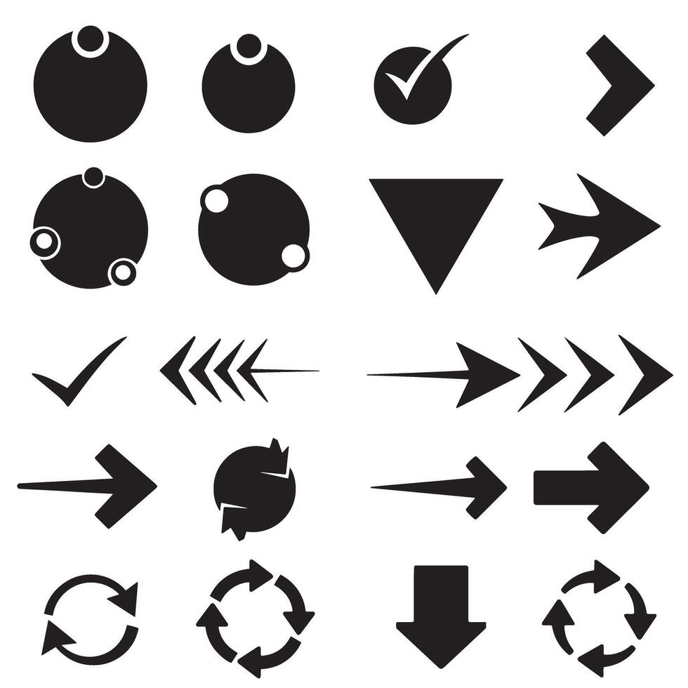 Circle, arrow, check marks, and line and other element silhouette bundle for web icons, branding, and layout vector