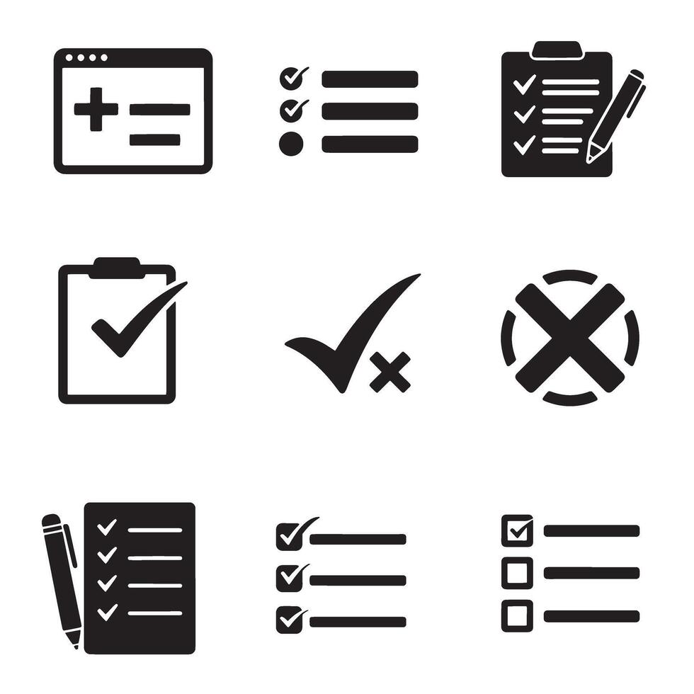 Productivity icon silhouette collection with checklist cross symbols and list form shapes pack vector