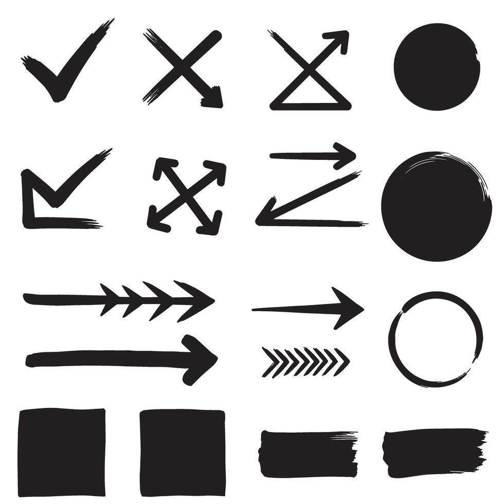 Check marks, crossed, arrows, underlines, circles, squares, brush stroke icon element silhouette bundle for web vector