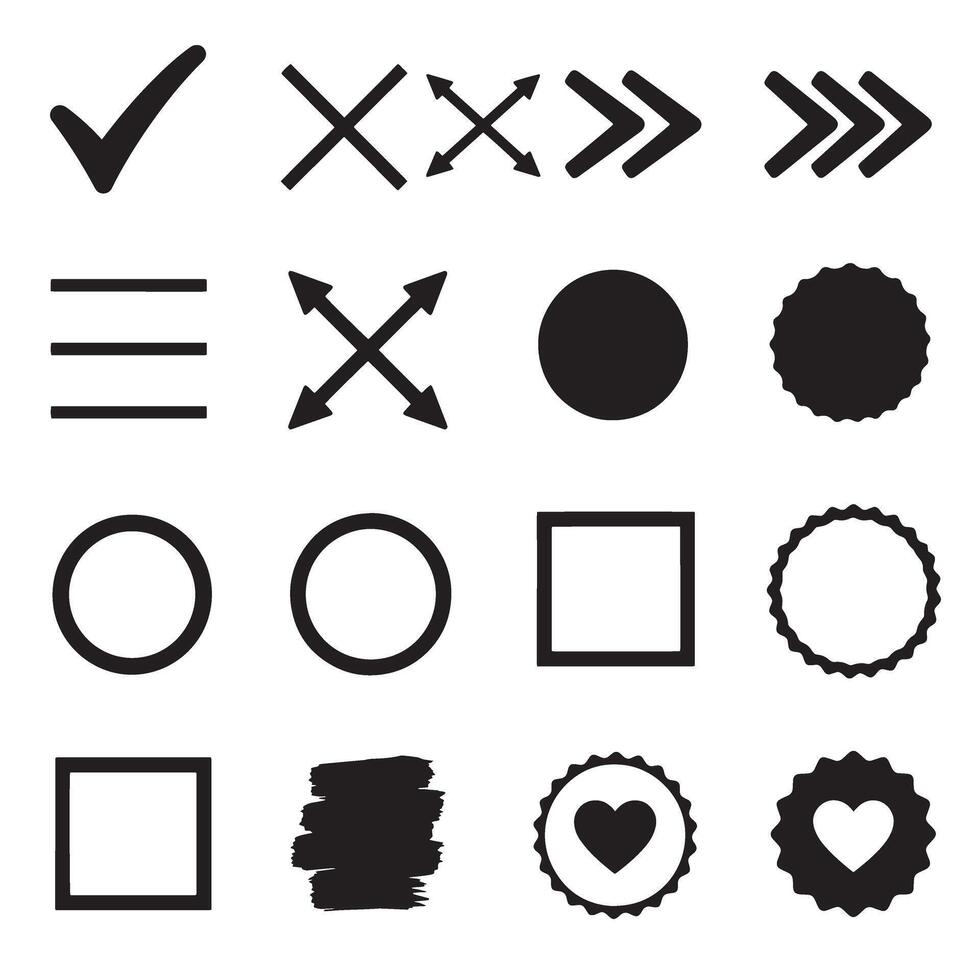 Check marks, crossed, arrows, underlines, circles, squares, brush stroke icon element silhouette bundle clipart vector