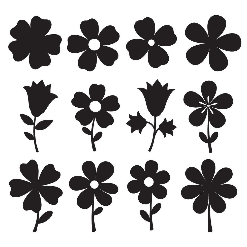 Silhouette floral icon bundle with wavy shapes and groovy design for artistic and retro templates vector
