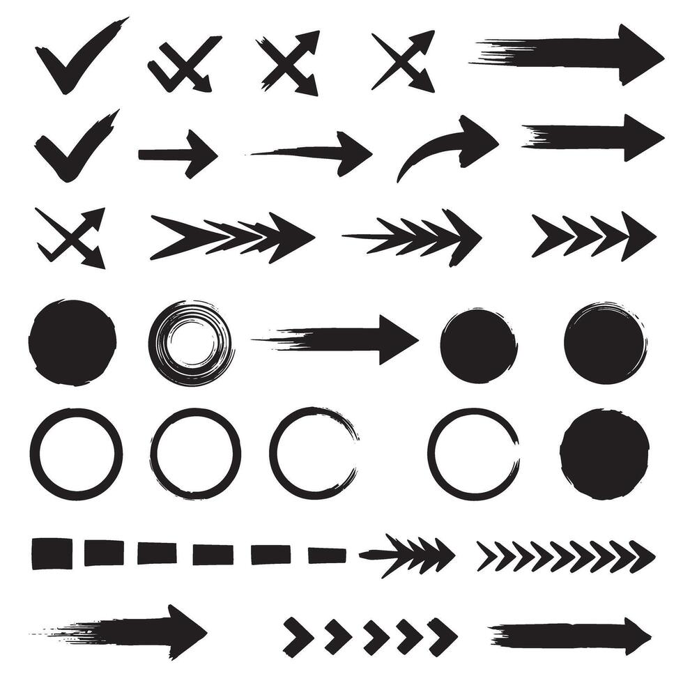 Check marks, crossed, arrows, underlines, circles, squares, brush stroke icon element silhouette bundle shapes vector