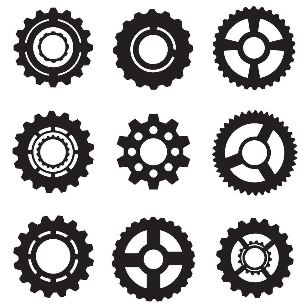 Mechanical cogwheel and gear icon silhouette bundle for design projects vector