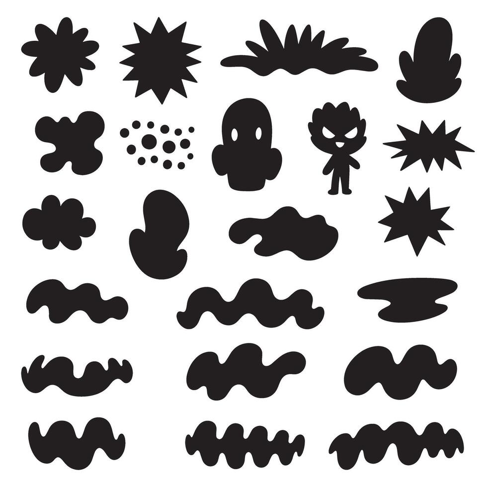 Groovy funky element tree, animal cartoon, flower and other element silhouette bundle with expressive line bundle vector