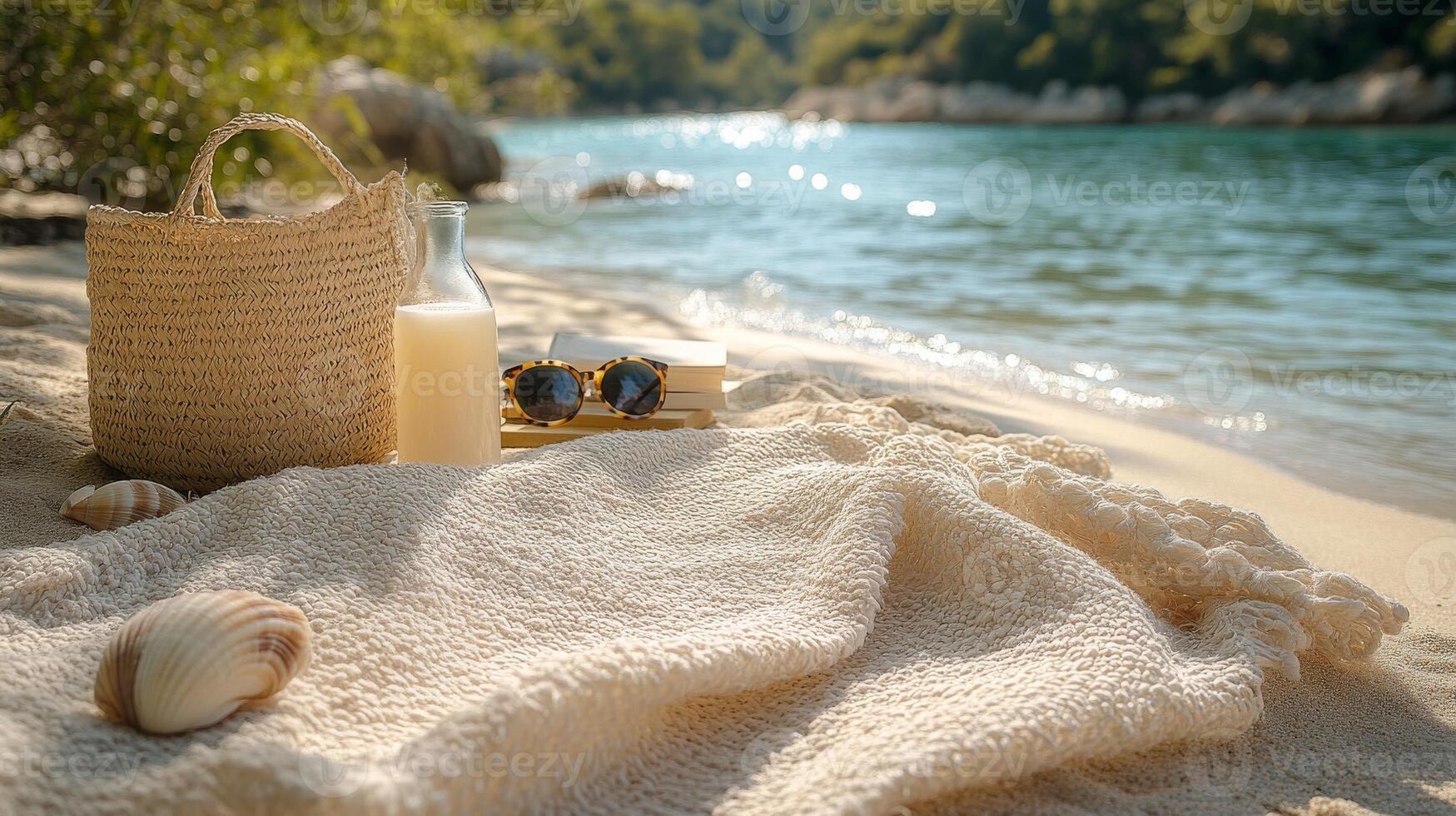 A sandy beach featuring a light-colored towel, a seashell, a woven bag, sunglasses, and a bottle of drink photo