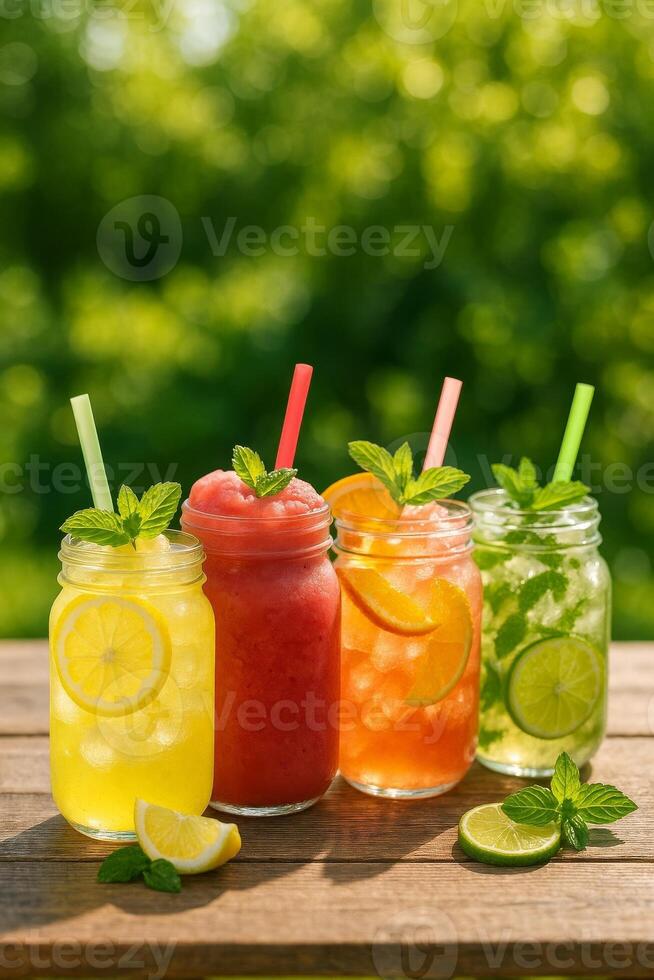 Refreshing summer drinks on outdoor table with lemonade, iced smoothies, and fruit cocktails in glass jars with straws photo