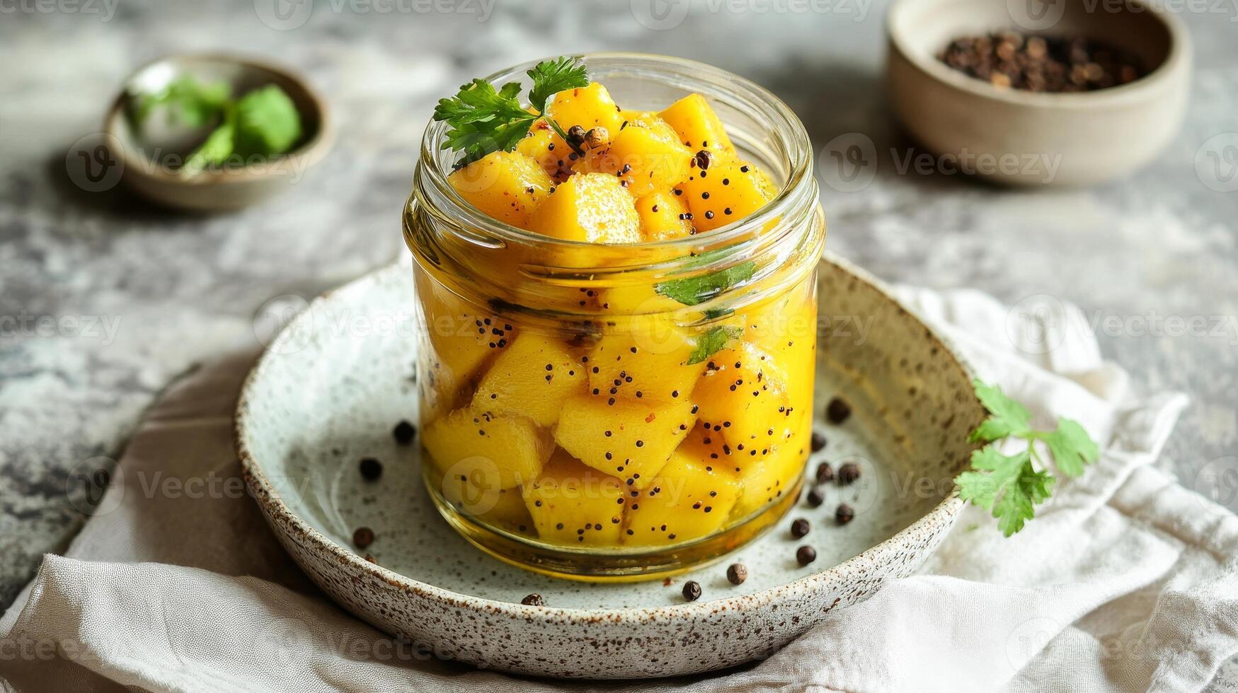 Jar of homemade mango pickle on plate, bright yellow mango chunks. Indian cuisine, pickles with spices, fresh coriander photo