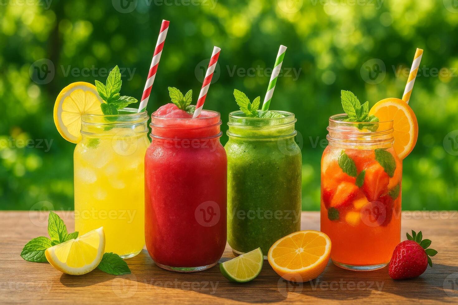 Refreshing summer drinks on outdoor table with vibrant lemonade, iced smoothies, and fruit cocktails in glass jars photo