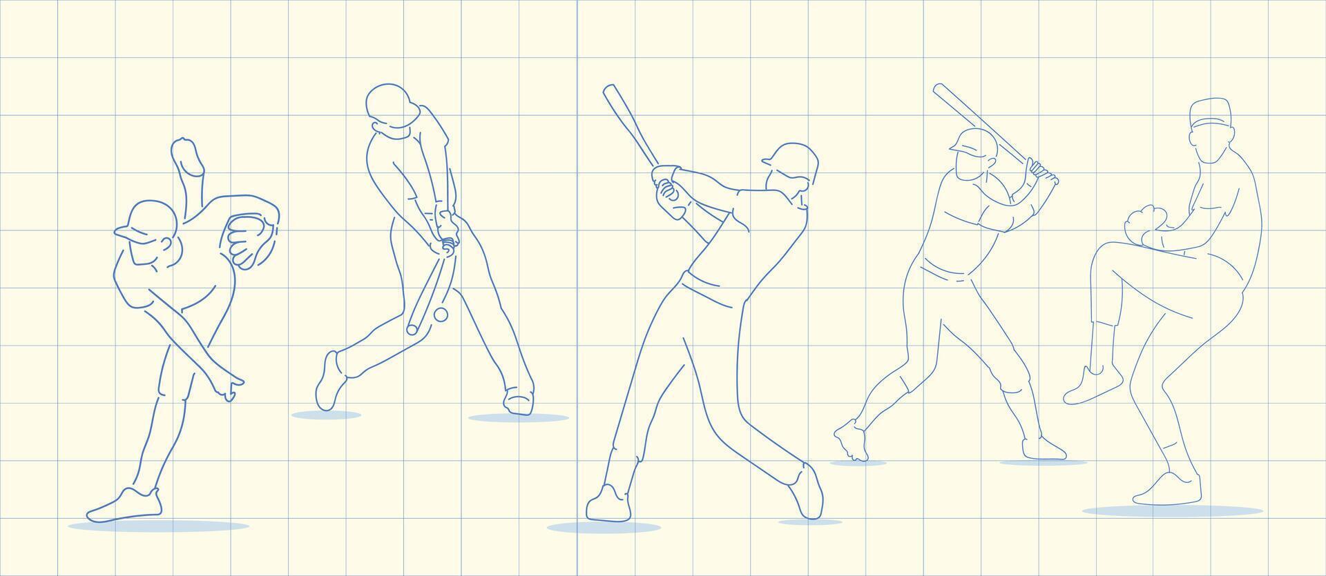 Blueprints of Baseball Players in Action on a Grid Background, Celebrating Sports and Architectural Precision vector