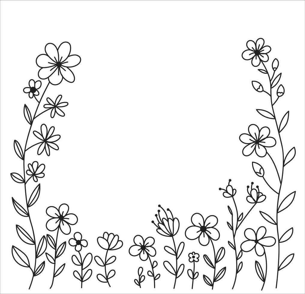 Elegant floral frame design, delicate botanical border with hand drawn flowers vector