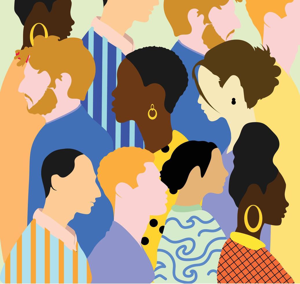 Diverse community illustration, showing unity and togetherness through various ethnicities, hairstyles, and fashion choices in a flat design vector