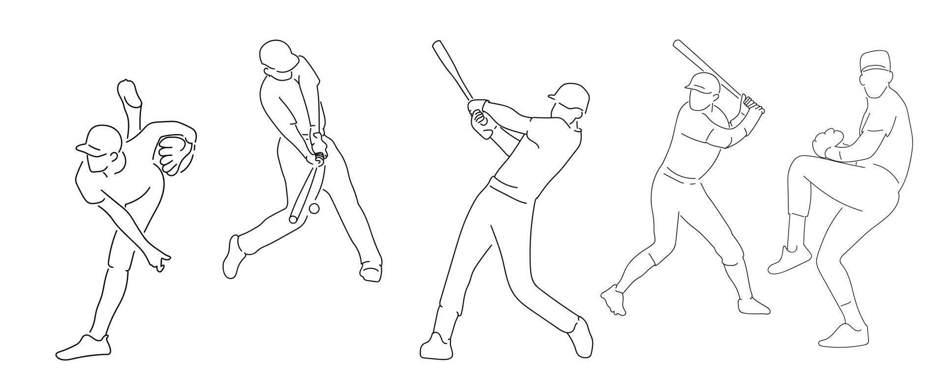Minimalist Baseball Line Art Illustration Featuring Various Player Poses vector
