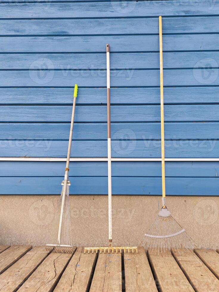 different garden rake near blue wooden wall photo