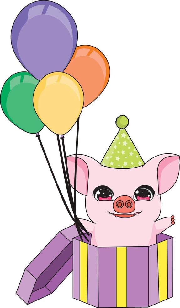 Cartoon Pig Inside The Gift Box With Balloons Birthday Mascot vector