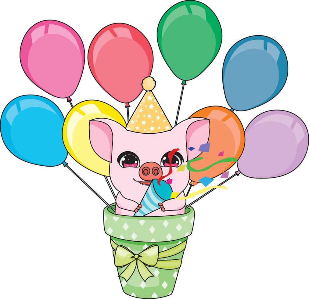 Birthday Mascot Cartoon Pig With Balloons And Confetti vector
