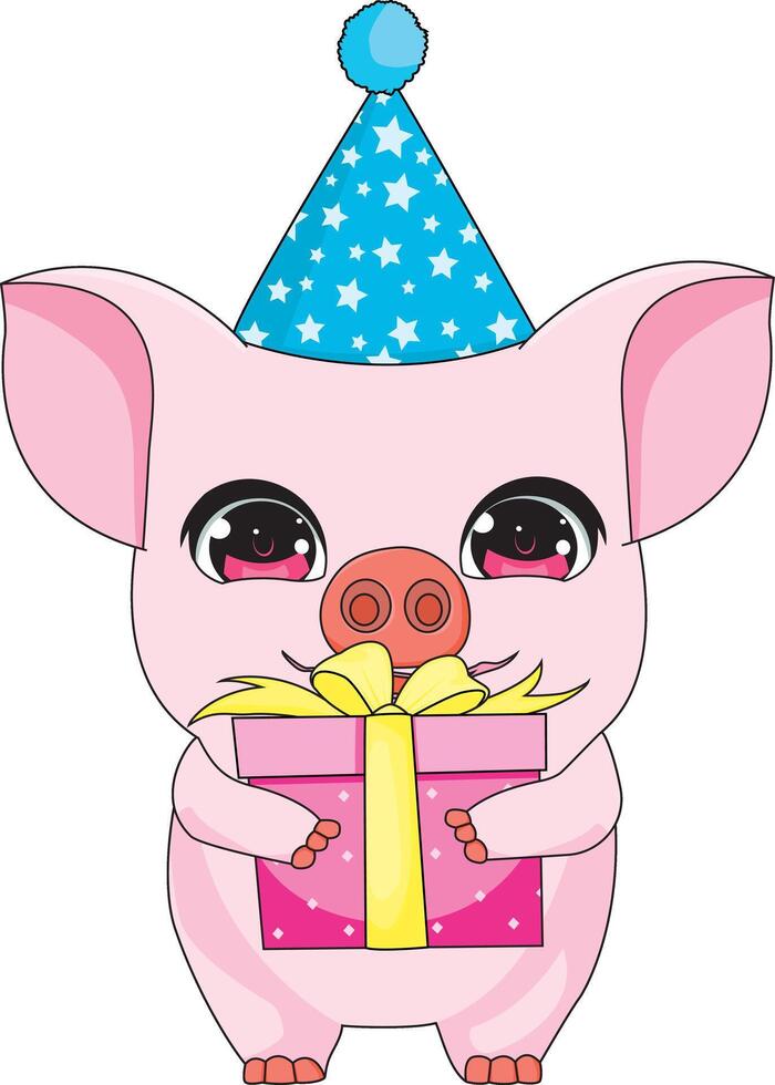 Cute Pig Cartoon With Gift Box Birthday Animal Mascot vector