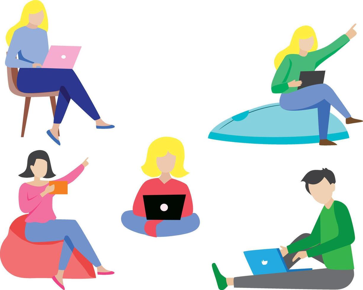 People Working On Laptop Illustration Set of 5 vector