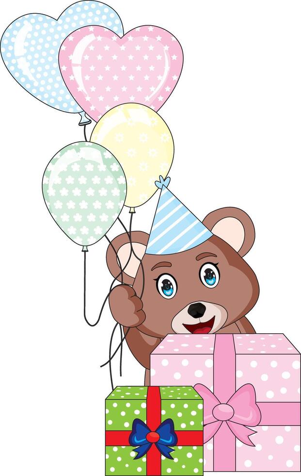 Cute Bear With Hat, Gifts, And Balloon Birthday vector