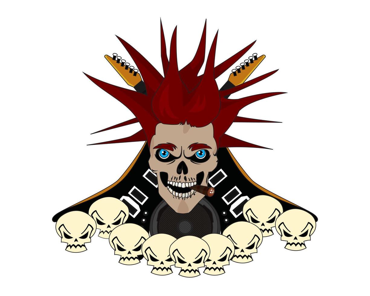 Grunge Punk Style Skull Face With Guitar And Speaker vector