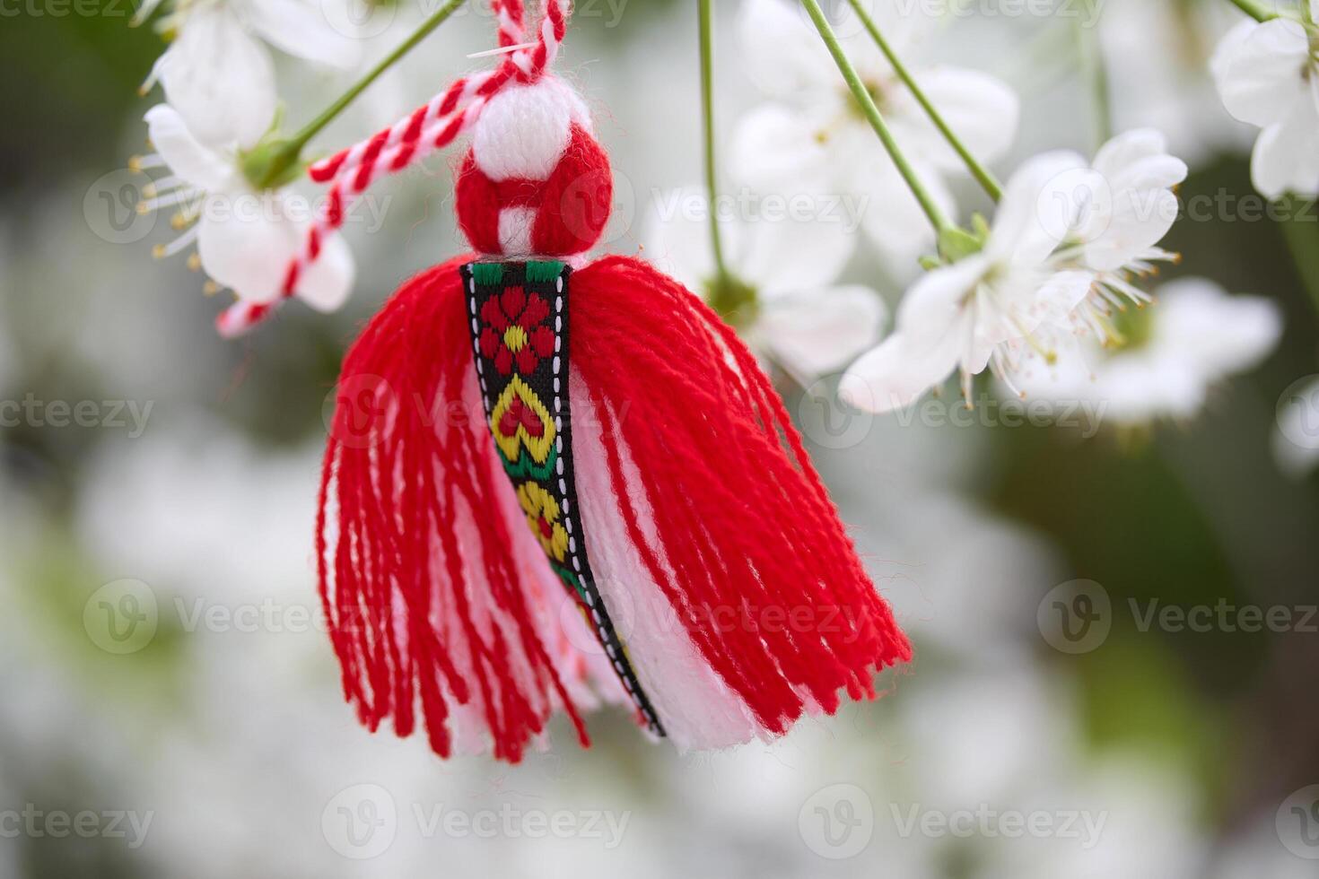 Bulgarian traditional spring decor Martenitsa on the cherry blossom tree. Baba Marta holiday. photo