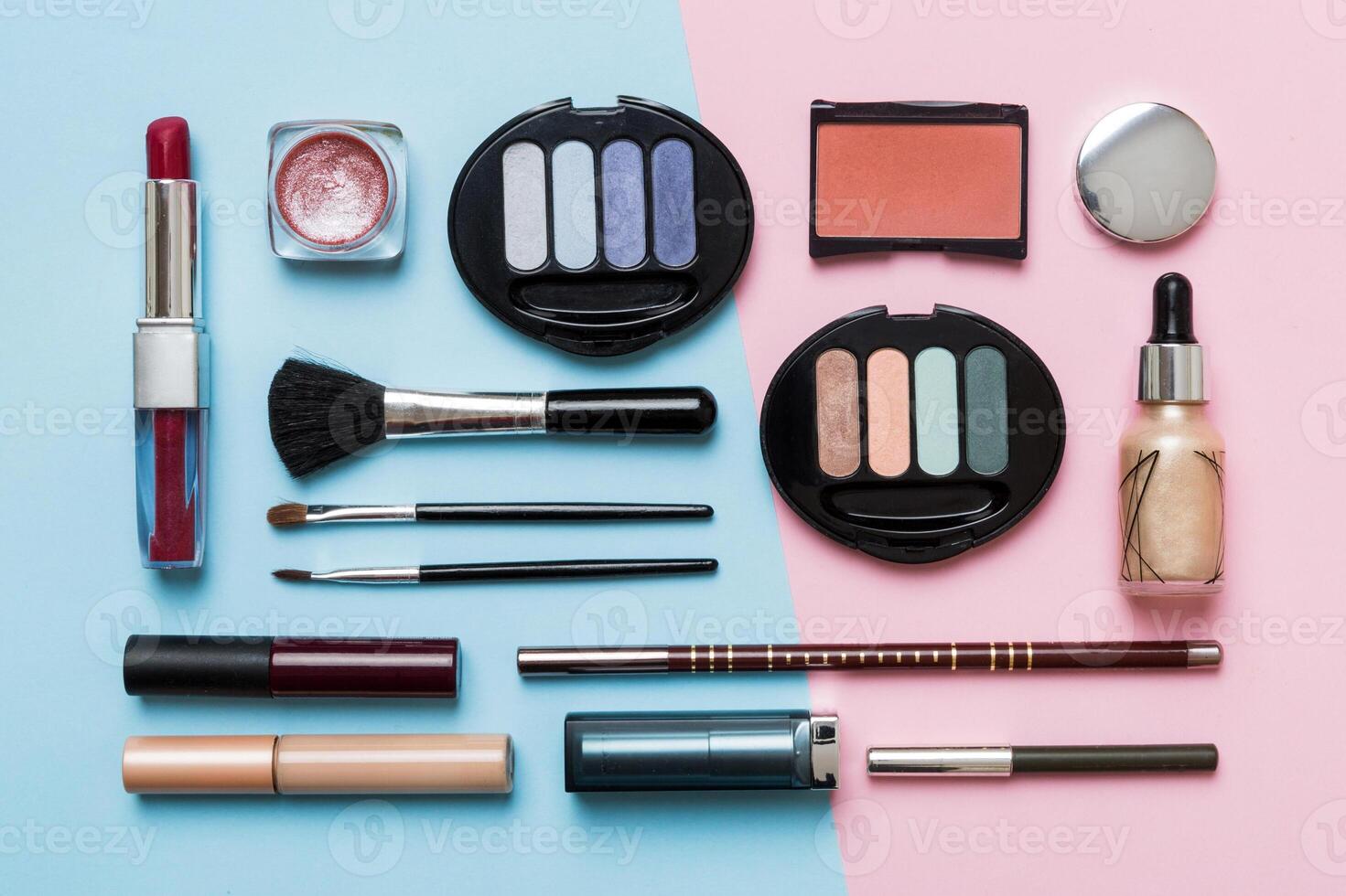 Professional makeup tools. iew. Flat lay. Beauty, decorative cosmetics. Makeup brushes set and color eyeshadow palette on table background. Minimalistic style photo
