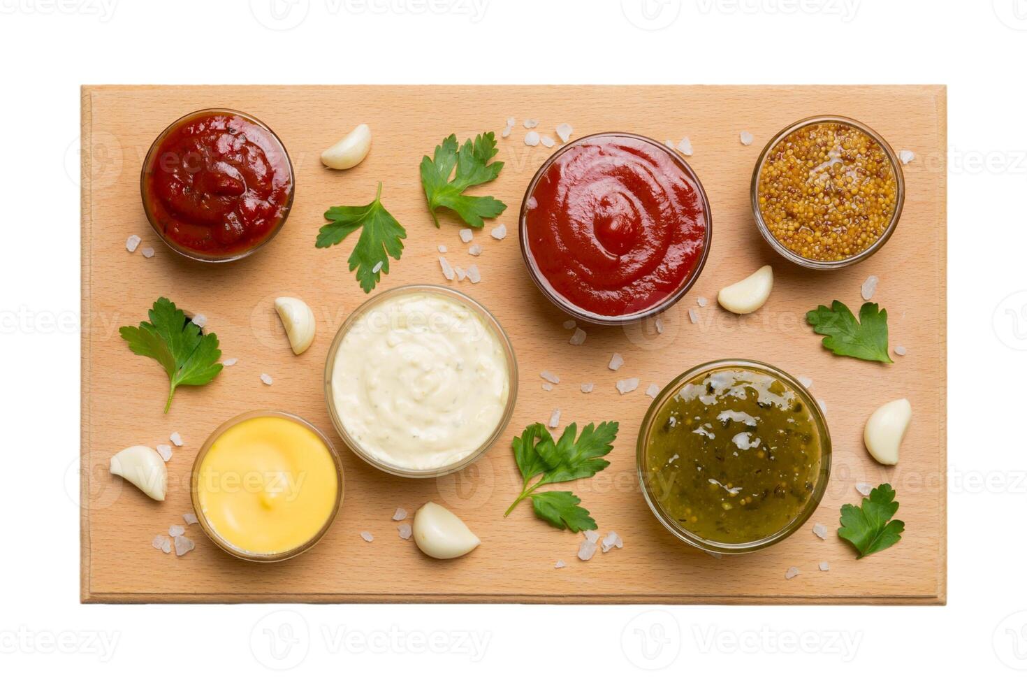 Many different sauces and herbs isolated white background, flat lay top view. sauces plate, healthy concept photo