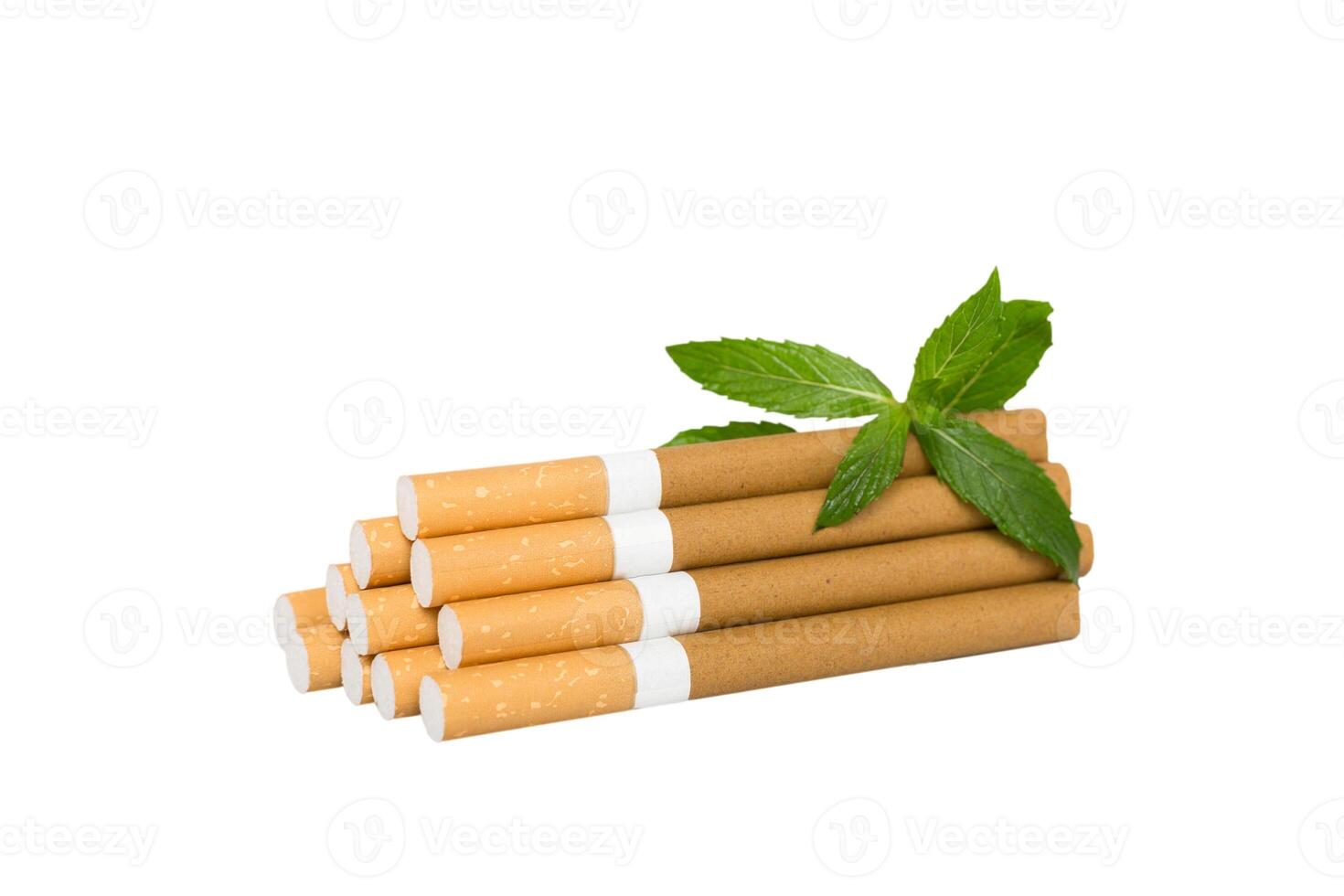 Menthol cigarettes and fresh mint leaves colored background, Many cigarettes stacked together top view flat lay photo