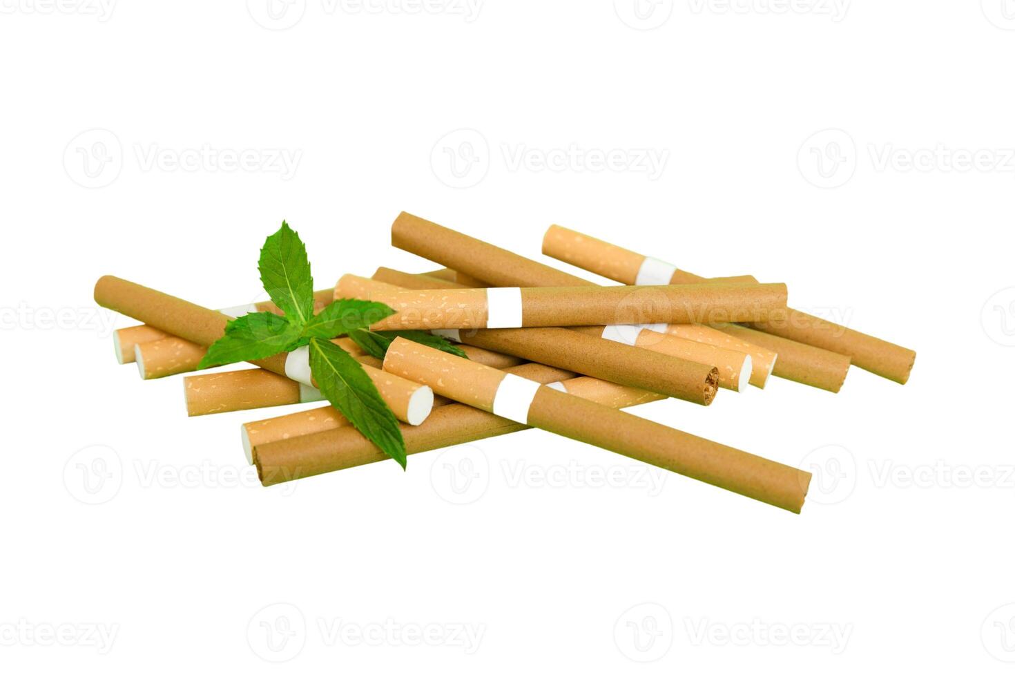 Menthol cigarettes fresh mint leaves colored background, Many cigarettes stacked together top view flat lay photo