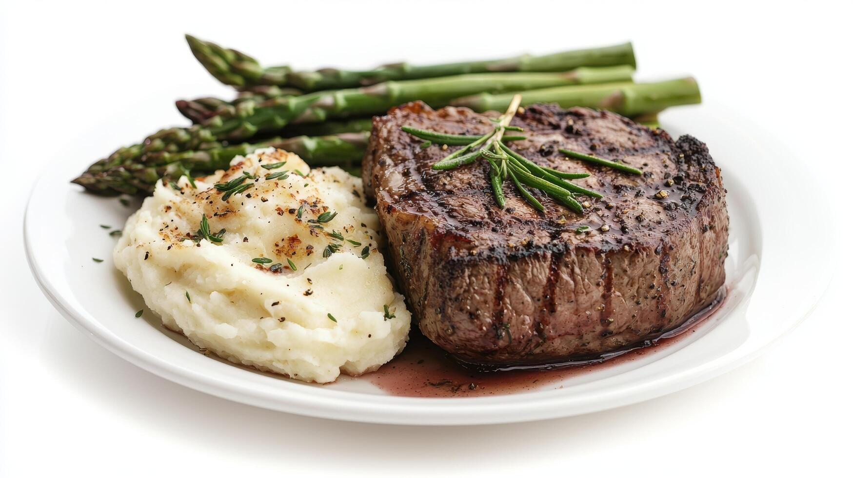 Gourmet Dinner Plate with Grilled Steak, Mashed Potatoes, and Asparagus Garnished with Fresh Herbs photo