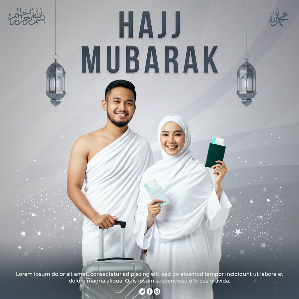 Hajj Mubarak Greeting Poster With Young Muslim Couple in Ihram Ready for Hajj psd