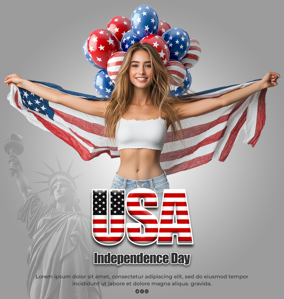United State USA Day Celebration Poster with Woman Holding USA Flag American Pride and Freedom psd