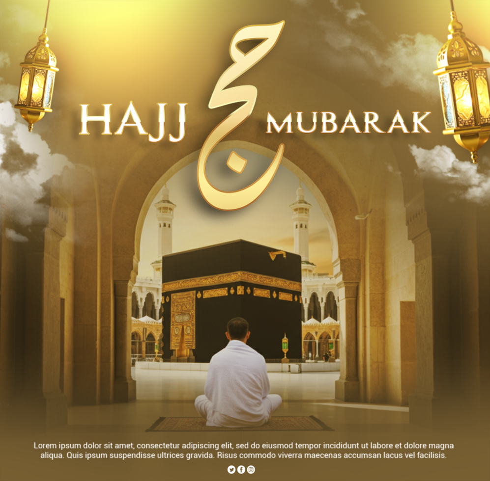 Hajj Mubarak Celebration Poster Template With Gold Glow and Lanterns Hajj Advertisement psd