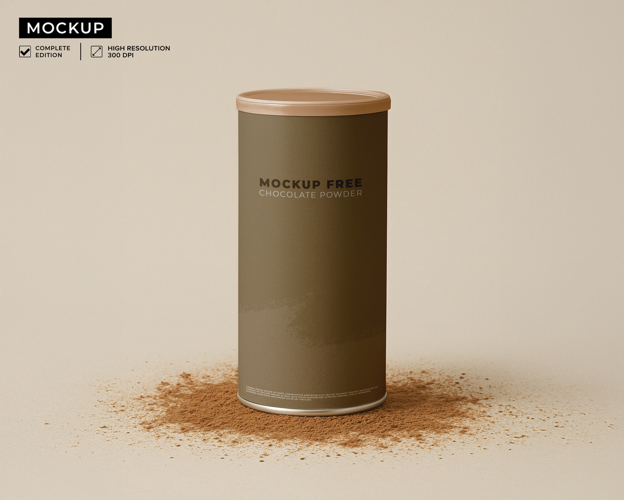 Mockup of a chocolate pot against a backdrop of chocolate powder psd