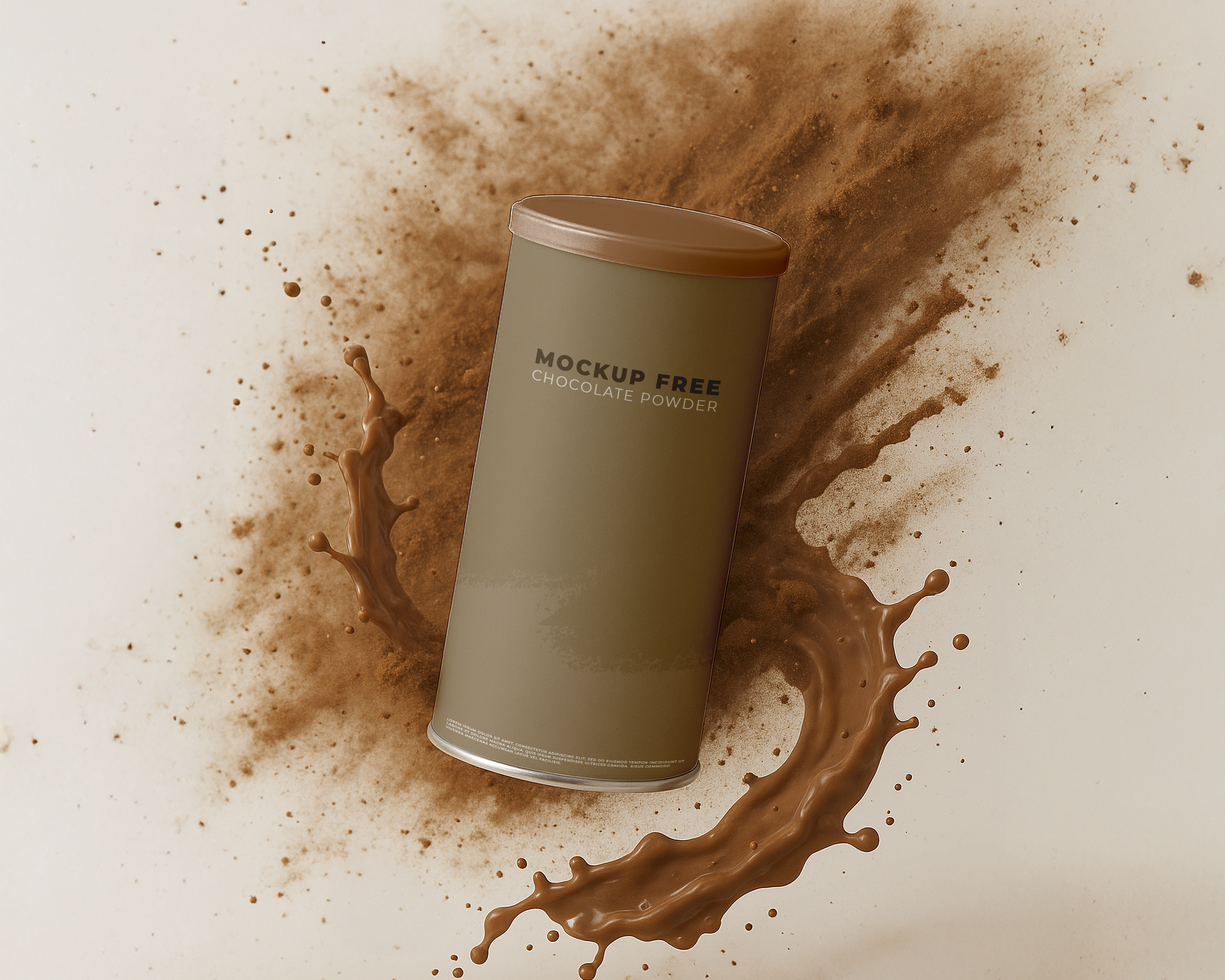 Mockup of chocolate pot floating on set with chocolate powder psd