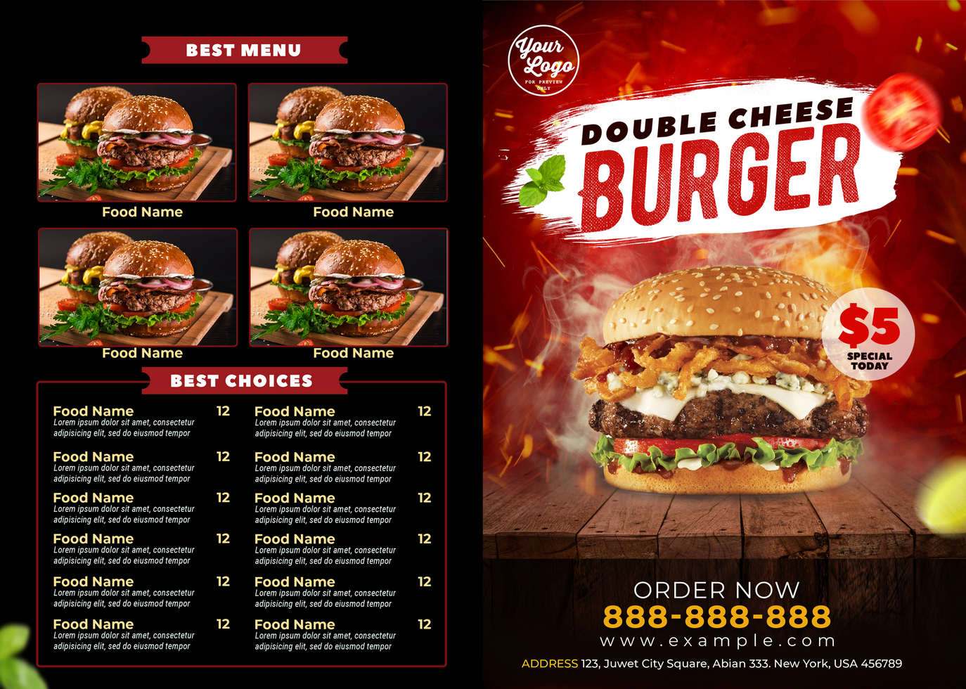 Red Double Cheese Burger outside bifold menu psd