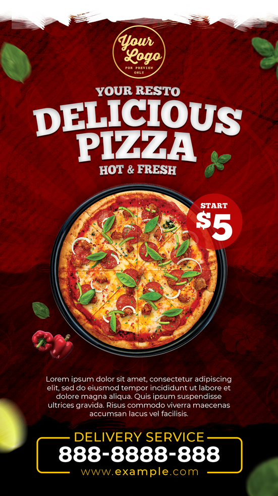 Delicious Pizza Hot and Fresh Story Image in Center psd
