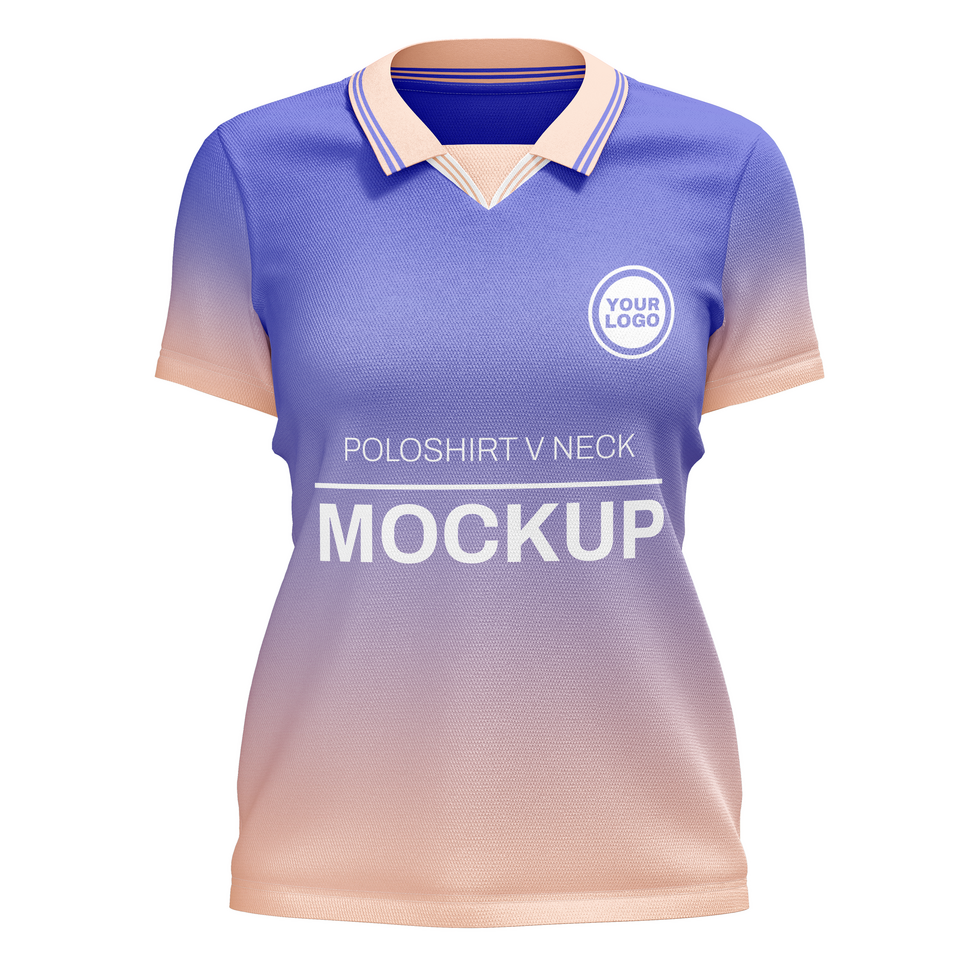 Womens poloshirt with sharp v neck collar short sleeve tshirt jersey mockup front view psd