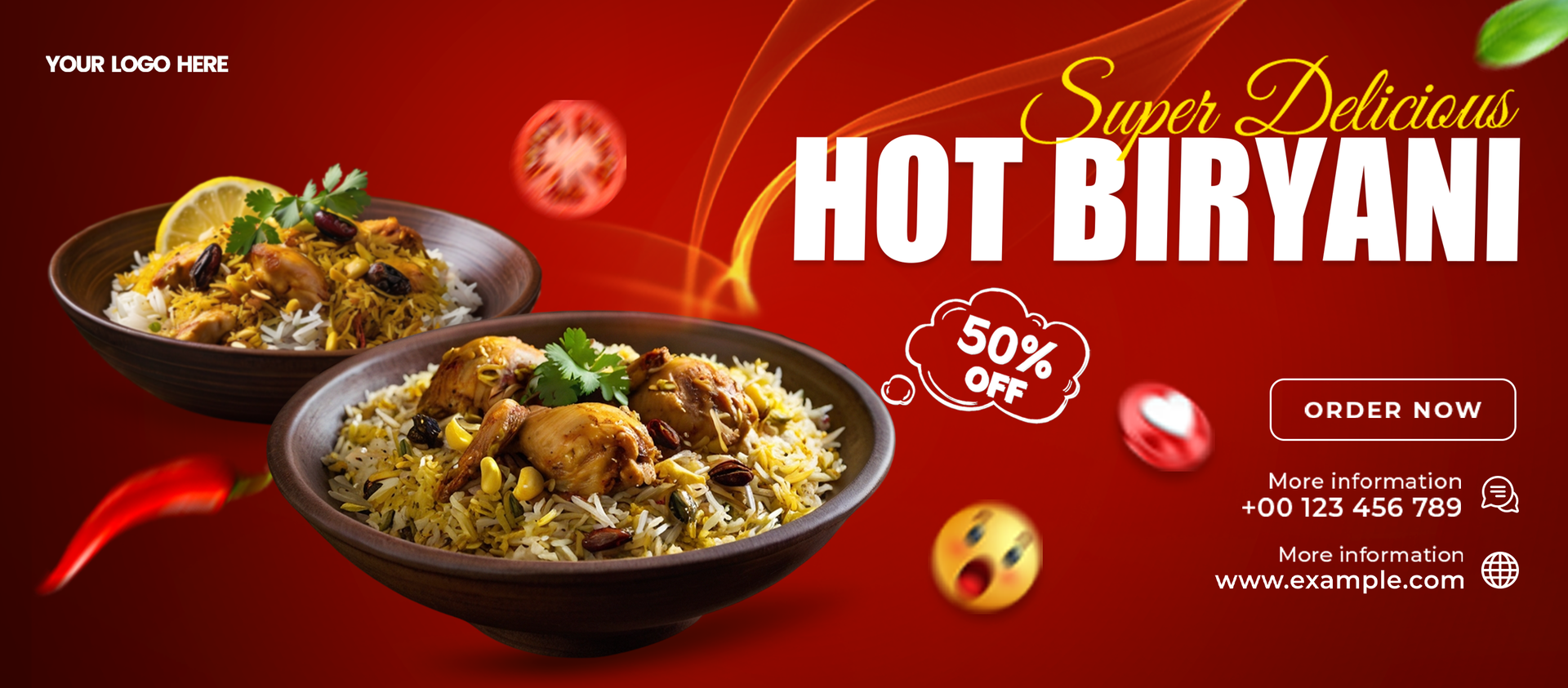 Delicious Hot Biryani Promotional Social Media Banner Template Editable Layout psd