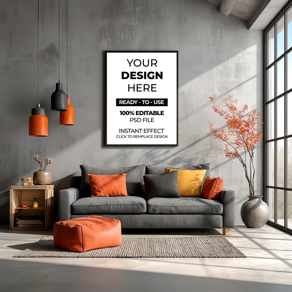 modern living room with grey sofa mockup psd