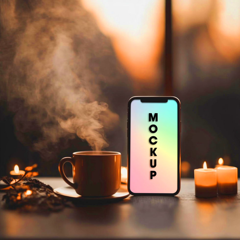 Phone Mockup Cozy Autumn Scene with Coffee and Candles psd