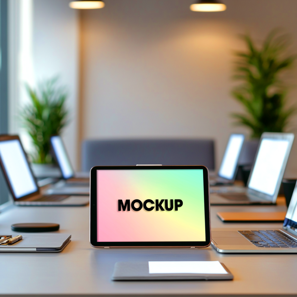 Modern Office Mockup Tablets and Laptops on a Conference Table psd