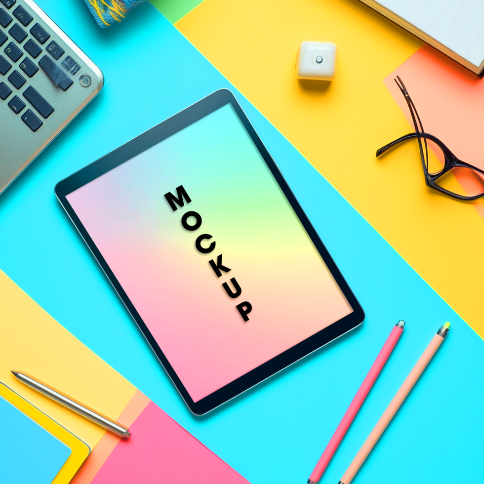 Modern Tablet Mockup on Colorful Desk with Office Supplies psd